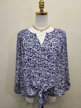 Collective Concepts Floral Tie Front Blouse Navy Ditsy Print Long Size Small